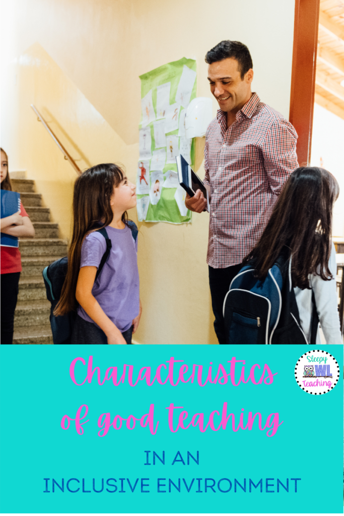 male teacher standing in front of open classroom door greeting young students with the text "characteristics of good teaching in an inclusive environment" written underneath