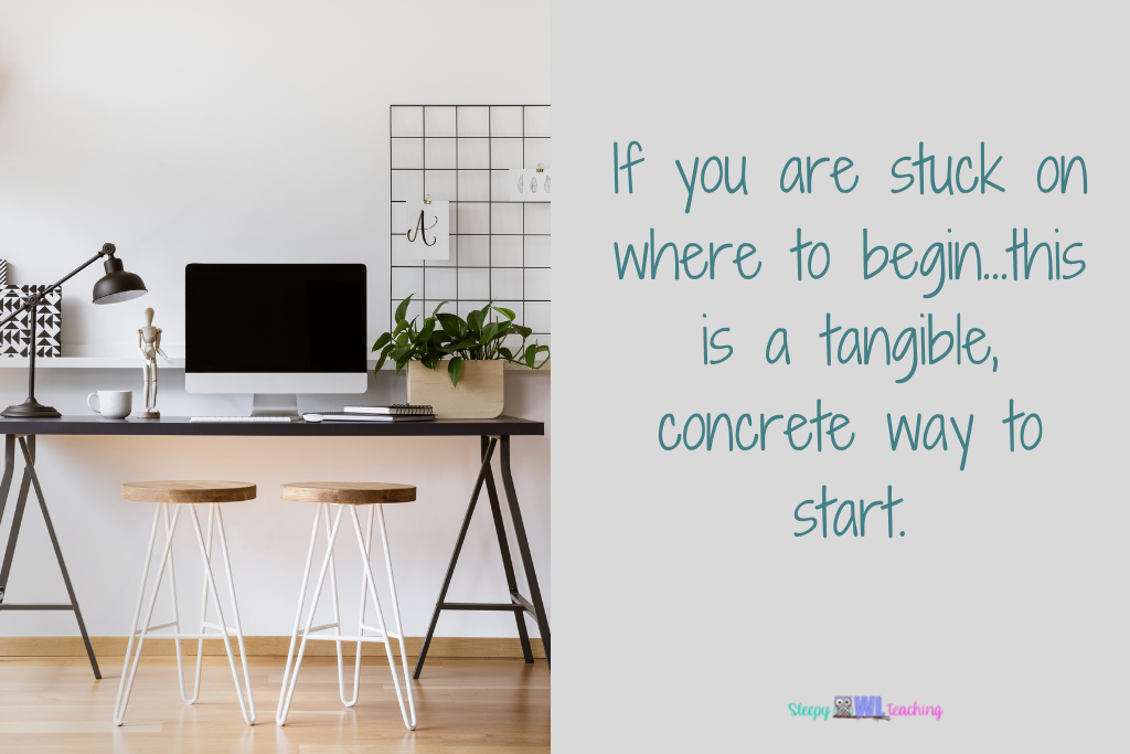an image of a desk with a computer and two wooden stools with the text "if you are stuck on where to begin... this is a tangible, concrete way to start."