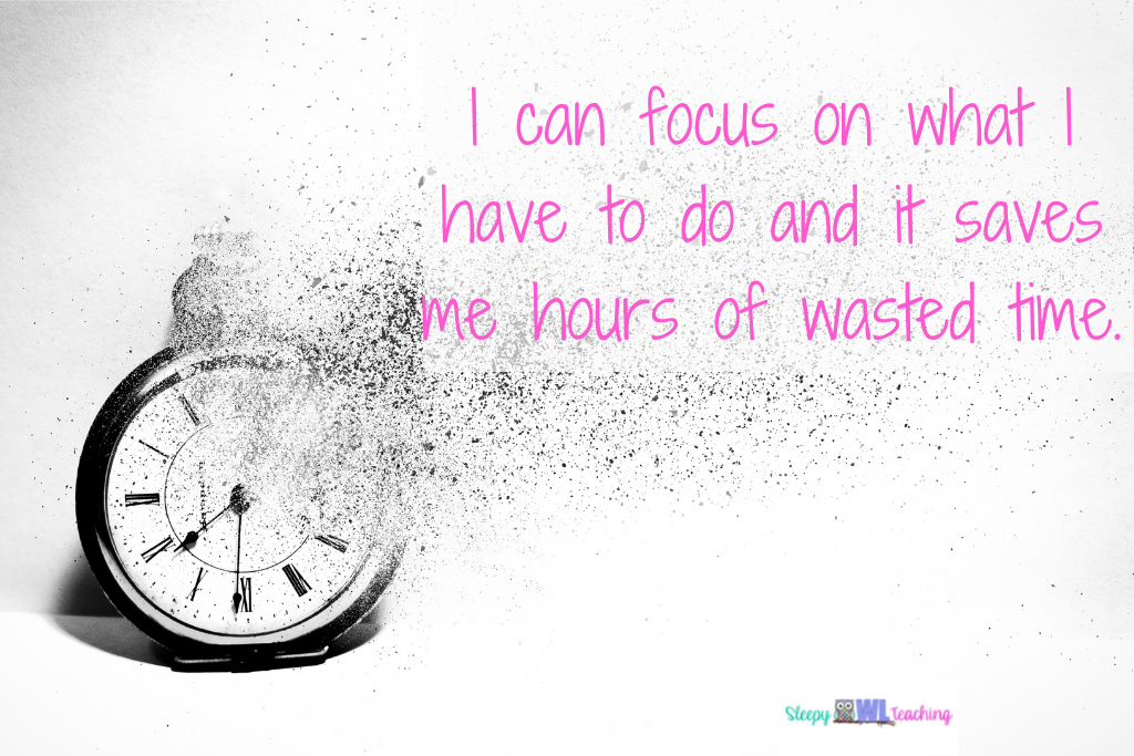 analog clock turning to dust with the words "I can focus on what I have to do and it saves me hours of wasted time" describing how to increase teacher productivity