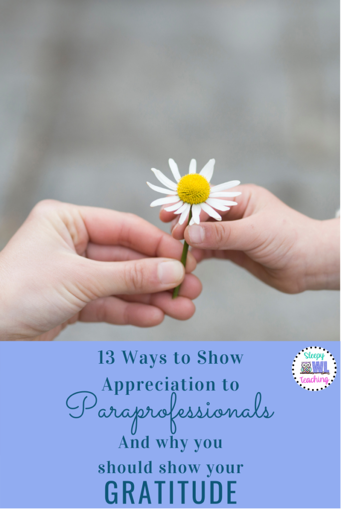 one hand passing a daisy to another hand with the words 13 ways to show appreciation to paraprofessionals and why you should show your gratitude as part of a post on para appreciation ideas