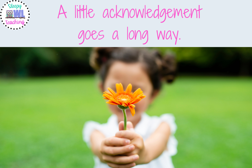 young girl with pigtails holding out an orange flower with the words "a little acknowledgement goes a long way" to celebrate paraprofessional appreciation day