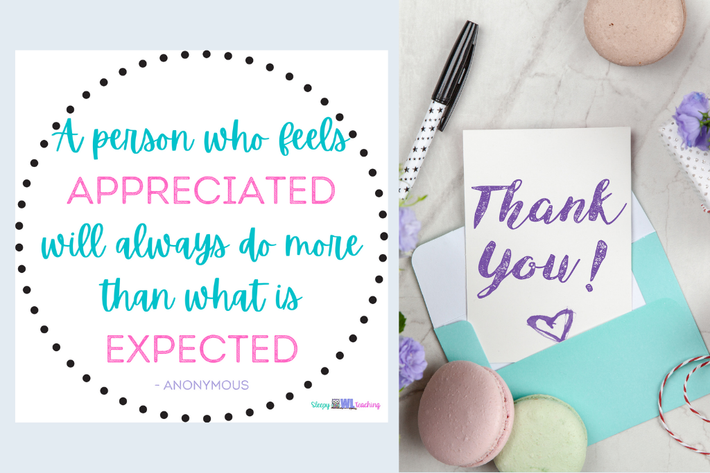 thank you card with purple text, teal envelope, pen and cookies next to the words "a person who feels appreciated will always do more than what is expected" to show the importance of paraprofessional appreciation gift ideas