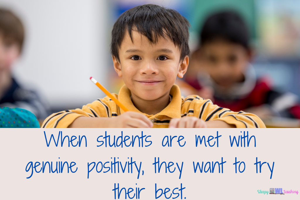 smiling boy in a yellow striped shirt holding a pencil above the text "When students are met with genuine positivity, they want to try their best."