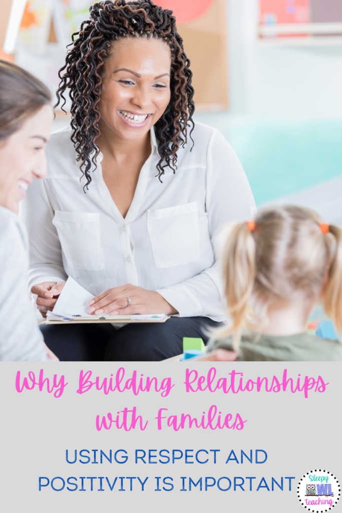 image of female teacher smiling at a girl and her mother and the text "why building relationships with families using respect and positivity is important"