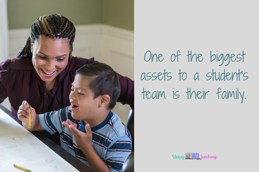 a boy with down syndrome laughing with his mother and holding a yellow crayon and the text "one of the biggest assets to a student's team is their family"